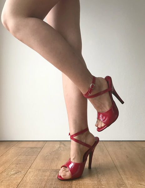 RTBU SALMA 12cm Stiletto Heel Wrap Strap Sandals Slipper Crimson Patent