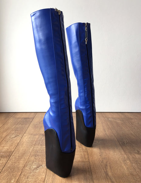 18cm SECRET W Ballet Wedge Boot Hoof Heelless Zip Fetish Blue Black Matte