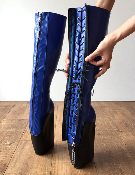 18cm SECRET W Ballet Wedge Boot Hoof Heelless Zip Fetish Blue Black Matte