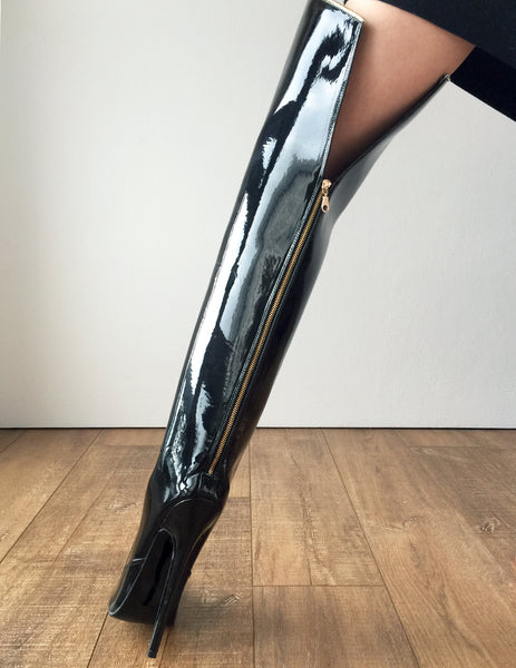 RTBU SLICK 18cm Stiletto Hard Shaft Rear Zip Gold Piping Thigh Boot Patent Black