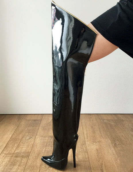 RTBU SLICK 18cm Stiletto Hard Shaft Rear Zip Gold Piping Thigh Boot Patent Black