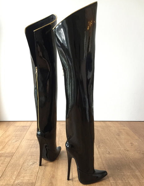 RTBU SLICK 18cm Stiletto Hard Shaft Rear Zip Gold Piping Thigh Boot Patent Black