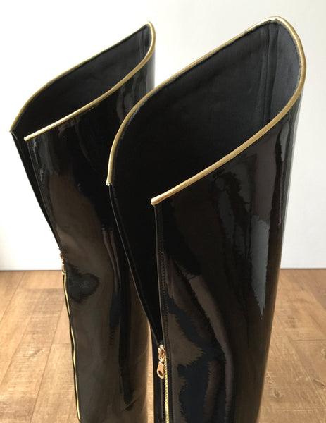 RTBU SLICK 18cm Stiletto Hard Shaft Rear Zip Gold Piping Thigh Boot Patent Black