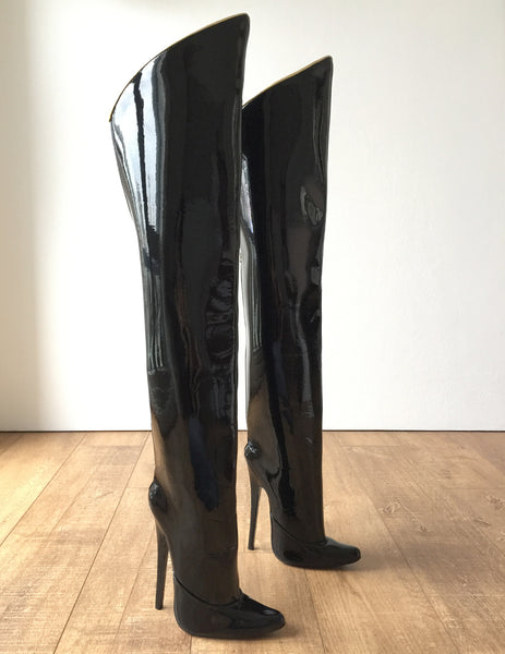 RTBU SLICK 18cm Stiletto Hard Shaft Rear Zip Gold Piping Thigh Boot Patent Black