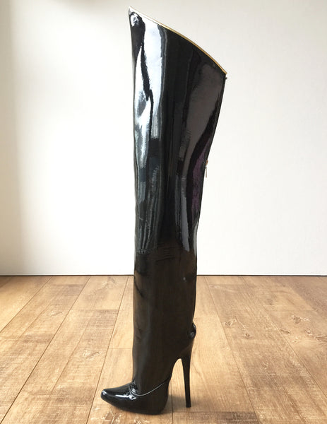 RTBU SLICK 18cm Stiletto Hard Shaft Rear Zip Gold Piping Thigh Boot Patent Black