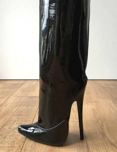 RTBU SLICK 18cm Stiletto Hard Shaft Rear Zip Gold Piping Thigh Boot Patent Black