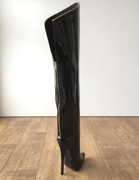 RTBU SLICK 18cm Stiletto Hard Shaft Rear Zip Gold Piping Thigh Boot Patent Black