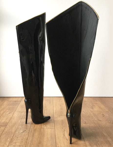 RTBU SLICK 18cm Stiletto Hard Shaft Rear Zip Gold Piping Thigh Boot Patent Black