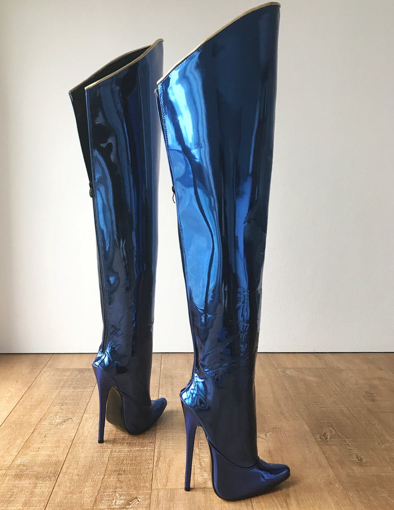 RTBU SLICK 18cm Stiletto Hard Shaft Rear Zip Gold Piping Thigh Boot Blue Metallic
