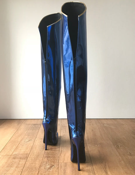 RTBU SLICK 18cm Stiletto Hard Shaft Rear Zip Gold Piping Thigh Boot Blue Metallic