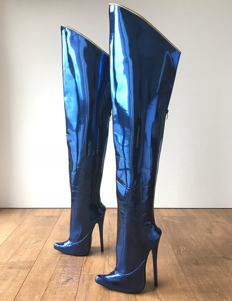 RTBU SLICK 18cm Stiletto Hard Shaft Rear Zip Gold Piping Thigh Boot Blue Metallic