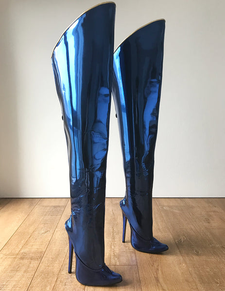 RTBU SLICK 18cm Stiletto Hard Shaft Rear Zip Gold Piping Thigh Boot Blue Metallic