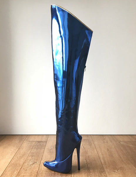 RTBU SLICK 18cm Stiletto Hard Shaft Rear Zip Gold Piping Thigh Boot Blue Metallic