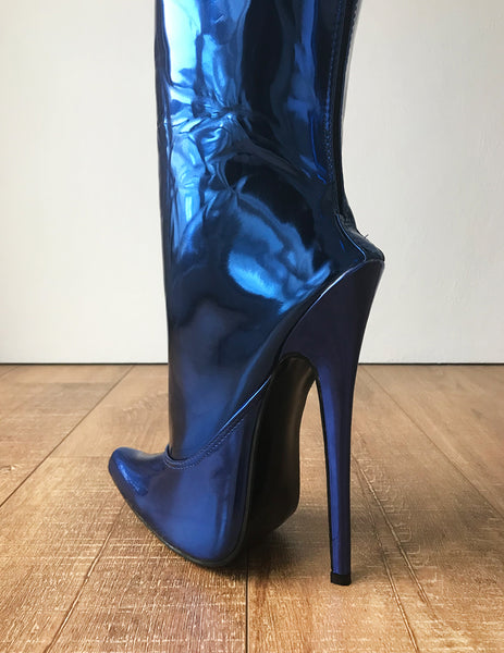 RTBU SLICK 18cm Stiletto Hard Shaft Rear Zip Gold Piping Thigh Boot Blue Metallic