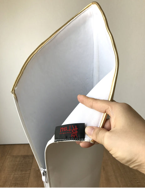 RTBU SLICK 12cm Stiletto Hard Shaft Gold Piping Mid-Thigh Boot Patent White