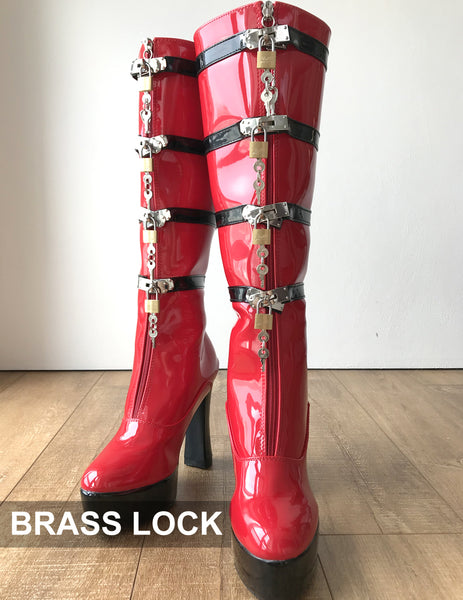 RTBU TROOPS Lockable Zip Brass Padlock Strap Knee 12cm Spool Fetish Boots