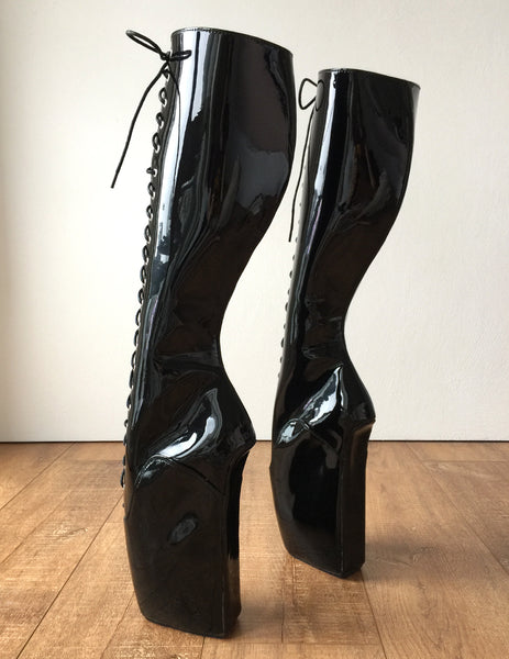 RTBU TROY Ballet Wedge Lace p Knee Hi Boots Hoof Fetish Dominatrix Black Patent