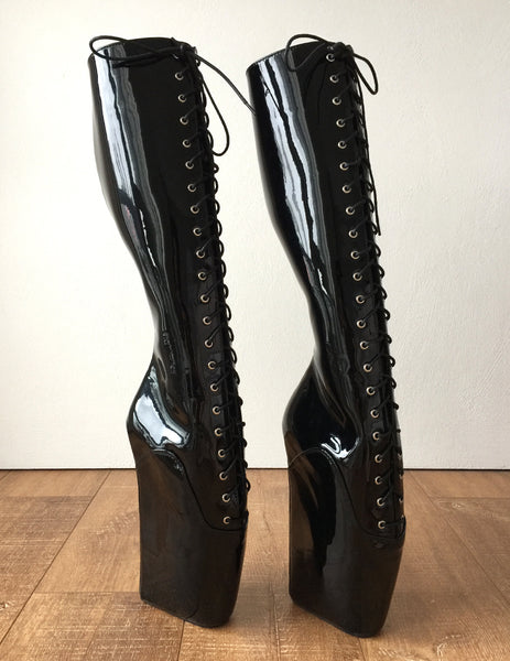 RTBU TROY Ballet Wedge Lace p Knee Hi Boots Hoof Fetish Dominatrix Black Patent