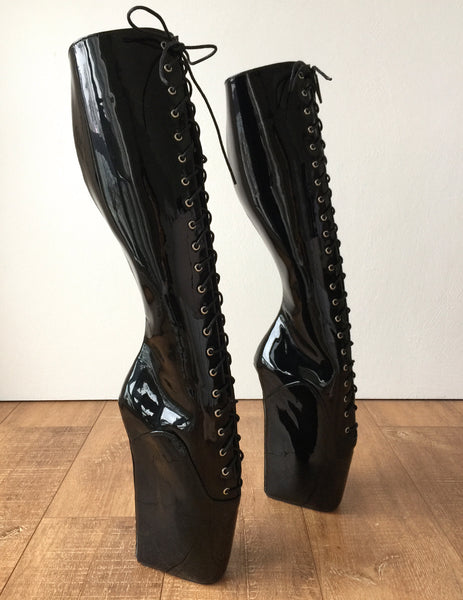 RTBU TROY Ballet Wedge Lace p Knee Hi Boots Hoof Fetish Dominatrix Black Patent