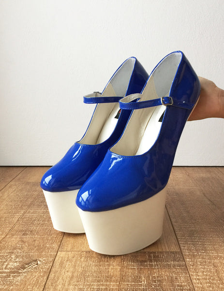 ZARMINA Light Weight Hoof Sole Heelless Ankle Strap Mary Janes 2 Tone Blue White