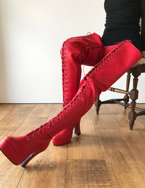 ZETH 12cm Spool Heel Platform Lace up Crotch Goth Cosplay Fetish boot Red Matte