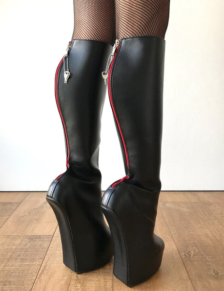 ALPHA Lockable Red Back Open Zip Heavy Hoof Sole Heelless Locking Knee Hi Fetish