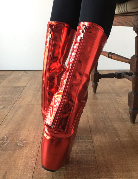 RTBU KEEP Lockable Zip Ballet Wedge Fetish Hoof Boots Heelless Metallic Red