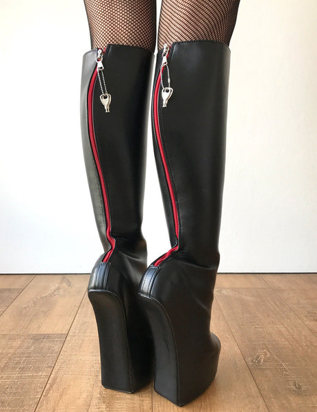 ALPHA Lockable Red Back Open Zip Heavy Hoof Sole Heelless Locking Knee Hi Fetish