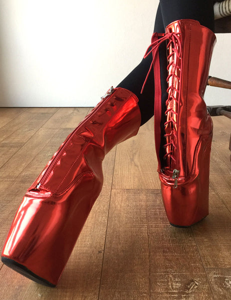 RTBU KEEP Lockable Zip Ballet Wedge Fetish Hoof Boots Heelless Metallic Red