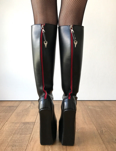 ALPHA Lockable Red Back Open Zip Heavy Hoof Sole Heelless Locking Knee Hi Fetish