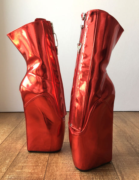 RTBU KEEP Lockable Zip Ballet Wedge Fetish Hoof Boots Heelless Metallic Red