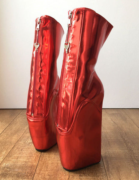 RTBU KEEP Lockable Zip Ballet Wedge Fetish Hoof Boots Heelless Metallic Red