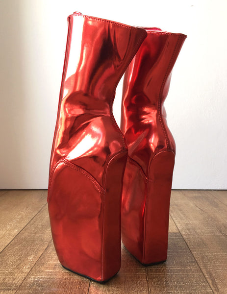 RTBU KEEP Lockable Zip Ballet Wedge Fetish Hoof Boots Heelless Metallic Red