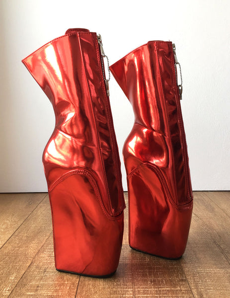 RTBU KEEP Lockable Zip Ballet Wedge Fetish Hoof Boots Heelless Metallic Red