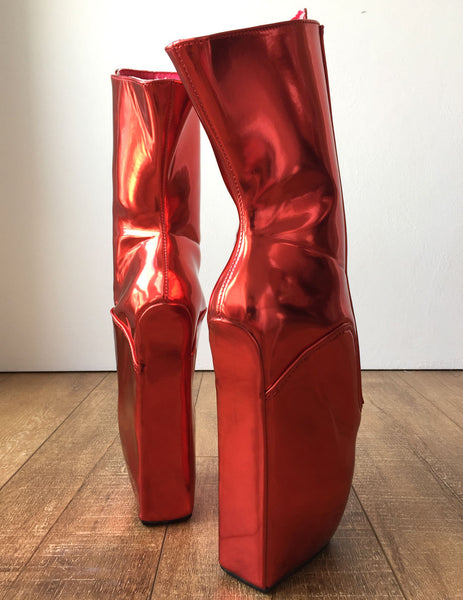 RTBU KEEP Lockable Zip Ballet Wedge Fetish Hoof Boots Heelless Metallic Red