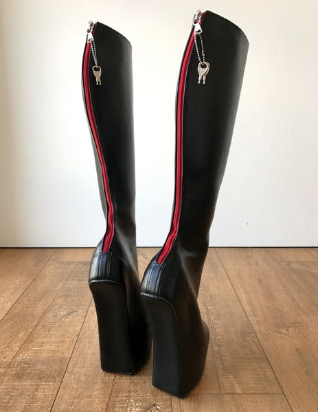 ALPHA Lockable Red Back Open Zip Heavy Hoof Sole Heelless Locking Knee Hi Fetish