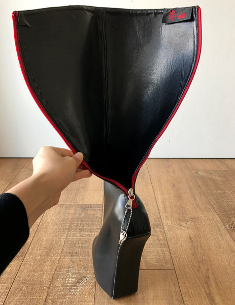 ALPHA Lockable Red Back Open Zip Heavy Hoof Sole Heelless Locking Knee Hi Fetish