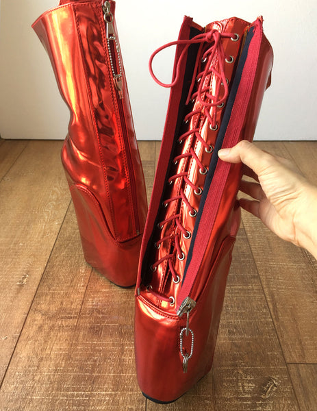 RTBU KEEP Lockable Zip Ballet Wedge Fetish Hoof Boots Heelless Metallic Red