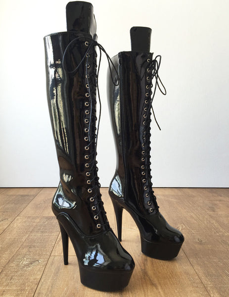 RTBU FRIDAY 15cm Platform Laceup Zip Runway Knee Hi Goth Punk Larp Patent Black