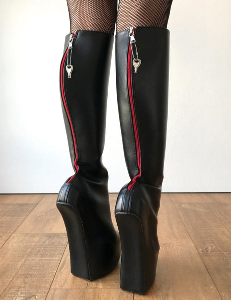 ALPHA Lockable Red Back Open Zip Heavy Hoof Sole Heelless Locking Knee Hi Fetish