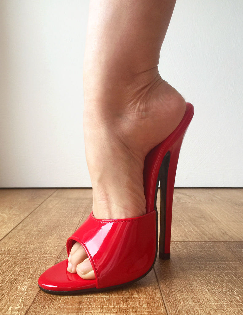 18MULE Sexy Mistress Hi Heel Stiletto Fetish Slipper Slides Mule Red Patent PU