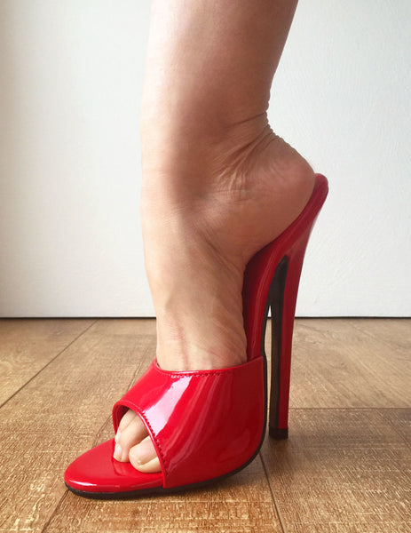 18MULE Sexy Mistress Hi Heel Stiletto Fetish Slipper Slides Mule Red Patent PU