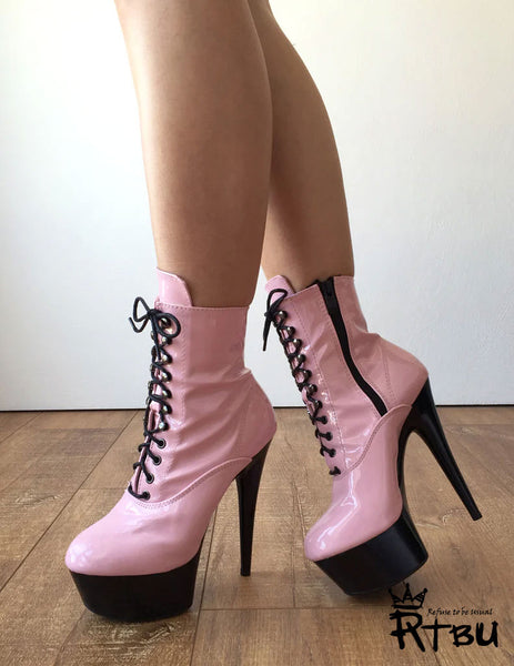 15cm BABE Ankle Platform Laceup Zip Bootie Kawaii Punk Patent Baby Pink Custom Color