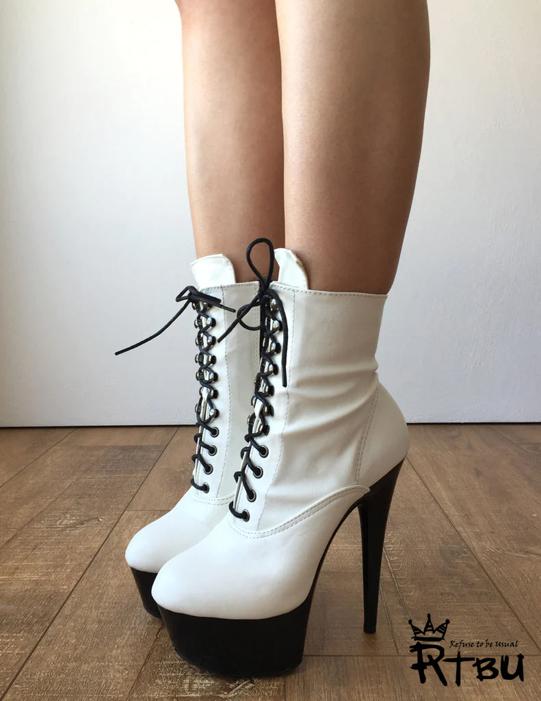 15cm BABE Ankle Platform Laceup Zip Bootie Punk Cosplay Patent White Custom Color