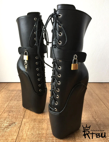 18cm "LOCKY" Beginner Lockable Ballet Wedge Boots Hoof Sole Heelless Fetish Goth Pinup