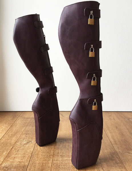18cm 10 keys Lockable Beginner Ballet Wedge Boot Heelless Fetish Purple Rub-Off