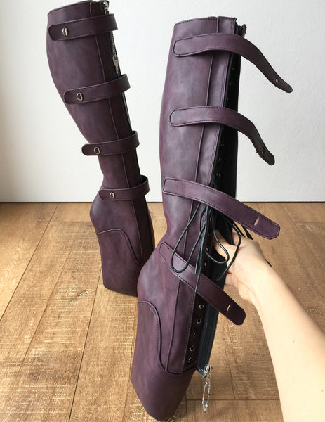 18cm 10 keys Lockable Beginner Ballet Wedge Boot Heelless Fetish Purple Rub-Off