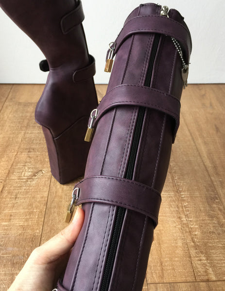 18cm 10 keys Lockable Beginner Ballet Wedge Boot Heelless Fetish Purple Rub-Off