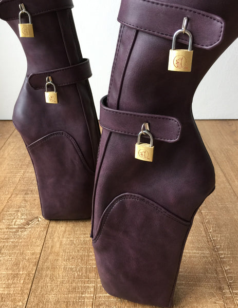 18cm 10 keys Lockable Beginner Ballet Wedge Boot Heelless Fetish Purple Rub-Off