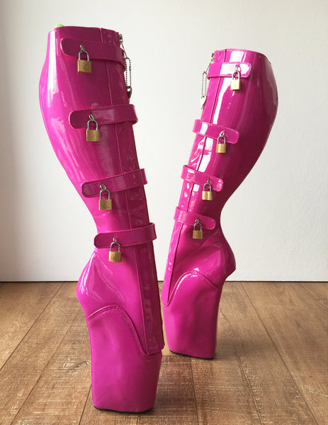 18cm 10 keys Lockable Beginner Ballet Wedge Boots Hoof Heelless Fetish Hot Pink